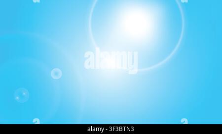 Bright blue gradient background featuring a soft sun lens flare and bokeh light effects for graphic design Stock Vector