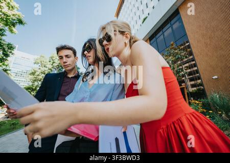 Three young professionals examining documents together outdoors by a modern office building Stock Photo