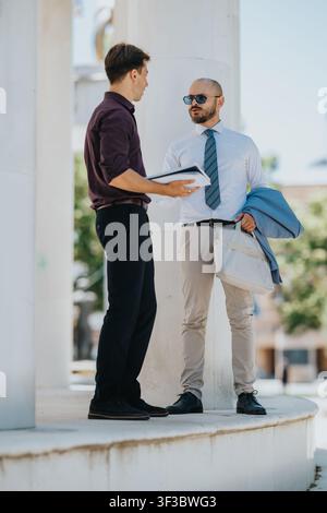 Two businessmen discussing documents while standing outside a modern office building Stock Photo
