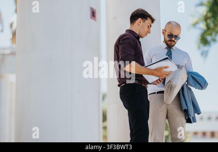 Two businessmen reviewing documents outdoors near classical columns during a work meeting Stock Photo