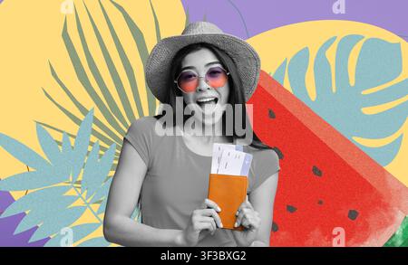 Happy Young Latina Woman Holding Travel Documents And Smiling, Summer Background Stock Photo