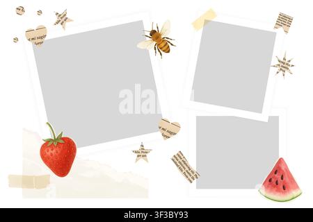 Collage moodboard photo template with frame paper tape fruit bee and scrapbook decorations creates a playful composition for summer memories Stock Vector