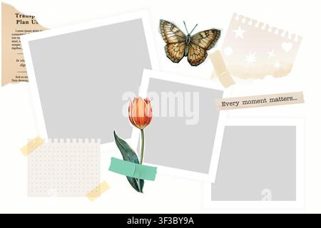 Photo moodboard collage template with frame paper tape butterfly flower and vintage details creates a botanical scrapbook for personal memories Stock Vector