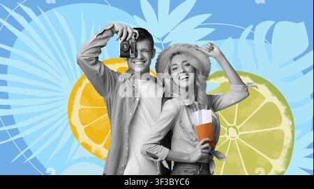 Happy Young Man And Woman Smiling While Taking Photos, Outdoor Summer Concept Stock Photo