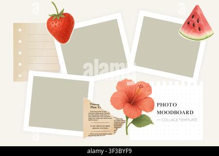 Collage template moodboard with photo frame fruit flower paper layout and scrapbook design creates a colorful tropical composition for summer memories Stock Vector