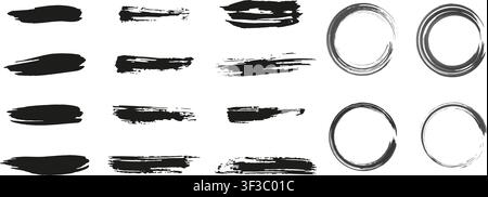 Collection of black ink brush strokes and circular paint marks on white background, perfect for design Stock Vector