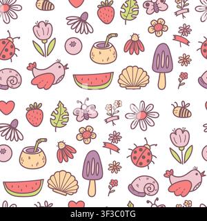 Summer Seamless Pattern with Tropical Fruit and Beach Doodles. Pastel Hand Drawn Cute Color Flowers, Ice Cream, Coconut Cocktail, Shell, Watermelon Stock Vector