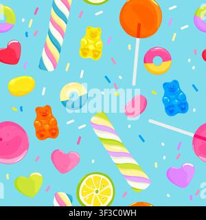 Colorful candy repeating background with lollipop, gummy and jelly candy bears. Blue sugar sprinkles seamless pattern. Halloween trick or treat sweets Stock Vector