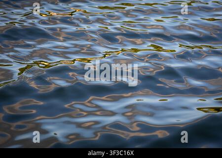Liquid reflections form smooth rectangles and ribbons across deep blue water. The graceful ripples merge into a quiet abstract pattern that feels clea Stock Photo