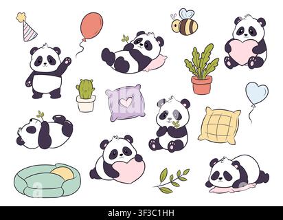 A collection of vector images of cute pandas and accessories Stock Vector