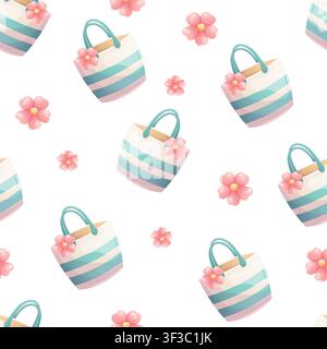 A seamless pattern featuring striped bags and pink flowers Stock Vector