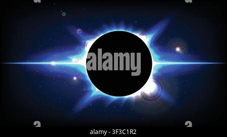Stunning solar eclipse vector background with bright glowing blue corona light, lens flare and starry night sky Stock Vector