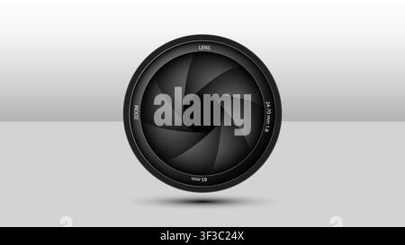Realistic camera objective photo lens with aperture shutter blades on a gradient background Stock Vector