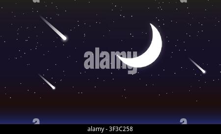 A glowing crescent moon and meteor shower falling across a dark starry night sky background Stock Vector