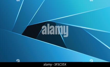 Modern dark blue futuristic background with dynamic geometric overlapping layers and glowing neon light shutter lines Stock Vector