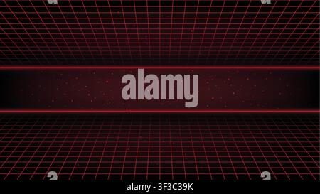 Retro 80s synth wave background with red glowing perspective grids, starry space and central banner area Stock Vector