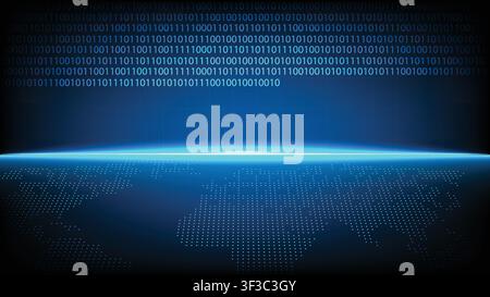 Abstract cyber technology background featuring digital binary code and global dotted world map Stock Vector