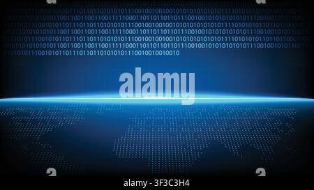 Abstract cyber technology background featuring digital binary code and global dotted world map Stock Vector