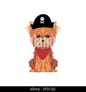 Cute Yorkshire terrier dressed as a pirate, wearing a black skull hat and red bandana, sitting in a simple hand-drawn cartoon style on a clean white Stock Vector