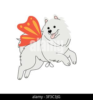 Cute Shiba Inu dog dressed as a little devil, wearing red horns and a cape, standing in a simple cartoon style and isolated on a clean white Stock Vector
