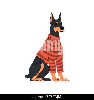 Cute Doberman dog wearing a red striped sweater, sitting calmly in a simple hand-drawn cartoon style, isolated on a clean white background. Stock Vector