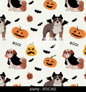 Seamless Halloween pattern with dogs in spooky costumes, smiling pumpkins, bats, and Boo text on a light background. Stock Vector