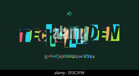 Tech Garden colorful nature tech font alphabet, playful geometric letters for eco STEM logo, kids coding poster, school headline and learning design Stock Vector