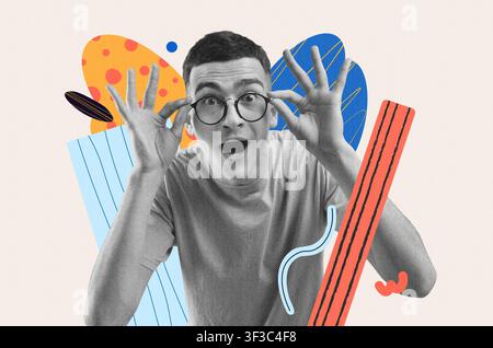 Excited Young Man With Glasses Making Funny Faces, Bright Background, Wellness Concept Stock Photo