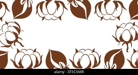 Cotton plant border with fluffy flower and leaf silhouette. Nature frame with botanical element in line art style. Minimalist floral pattern Stock Vector