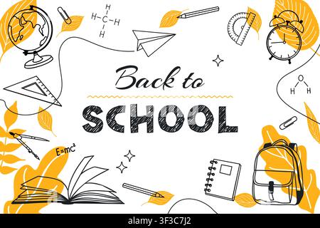 Educational poster with book and autumn leaves. Back to school lettering. School supplies. Flat vector illustration for poster Stock Vector