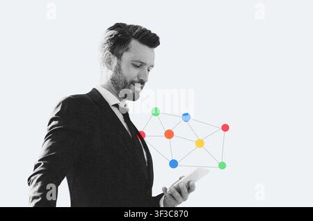 Businessman Using Smartphone Analyzing Data, Professional Setting, Business Concept Stock Photo