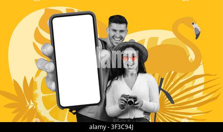 Happy Young Man And Woman Displaying Smartphone With Blank Screen, Outdoor Setting, Concept Stock Photo