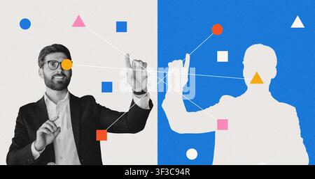 Man In Suit Interacting With Virtual Shapes And Data, Business Concept Stock Photo