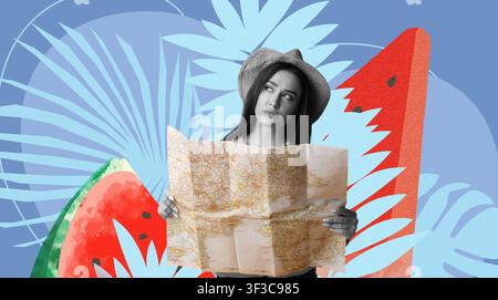 Young Woman Holding Map Looking Confused Outdoors, Summer Vacation Concept Stock Photo