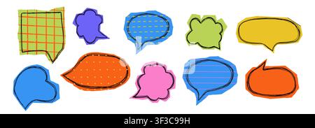 Paper cut out speech bubbles and stickers in Y2K retro style set. Stickers featuring speech bubbles, hearts, and retro elements. Scrapbook set collage pieces with torn edges. Vector illustration Stock Vector