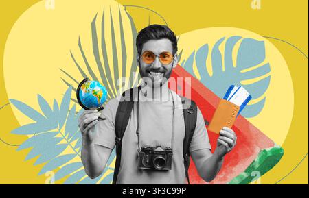 Smiling Young Hispanic Man Holding Globe And Travel Document, Travel Concept Stock Photo