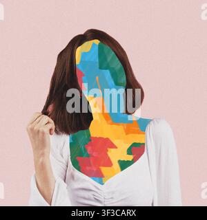 Unrecognizable Woman With Colorful Abstract Art Portrait, Creative Concept Stock Photo