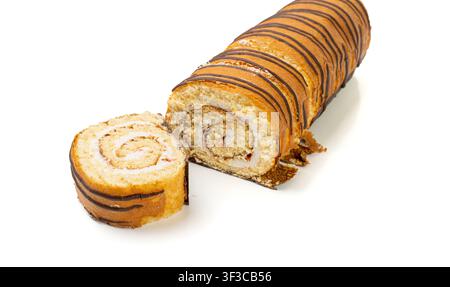 Swiss Roll, Round Sponge Cake Isolated, Sliced Rolled Vanilla Biscuit with Jam Filling, Swiss Dessert, Log Cake on White Background Stock Photo