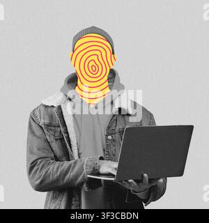 Unrecognizable Male With Abstract Face Using Laptop In Modern Workspace, Technology Concept Stock Photo