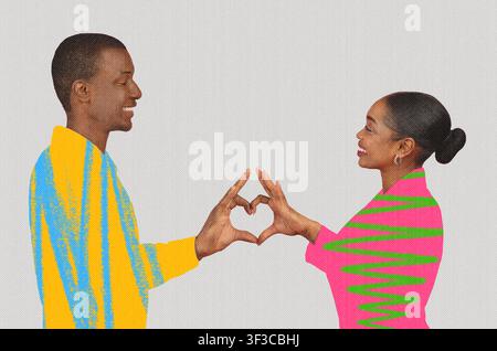 Smiling Black Couple Making Heart Shape With Hands, Joyful Expression, Studio Background Stock Photo