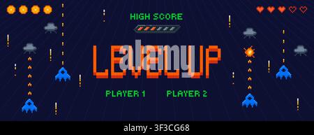 Pixel art video game level up screen with arcade user interface, high score, coins, health bar, gaming space elements. Pixelated ufo, spaceships with laser, mobile games ui design in 8bit retro style Stock Vector