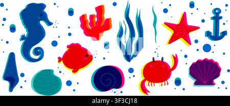 Underwater risograph sea animals set. Fluorescent and halftone bright colors of seahorse and crab. Silhouettes of ocean creatures. Elements for design Stock Vector