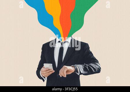 Unrecognizable Man In Suit Checking Time On Smartwatch And Using Smartphone, Business Concept Stock Photo