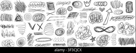 Pen doodles and scribbles form chaotic handwritten textures vector illustration set. Stock Vector