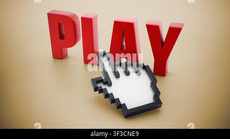 Hand cursor on red play word Stock Photo
