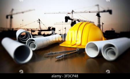 Construction blueprints, hardhat and tools on the table with a construction site on the background. 3D illustration Stock Photo