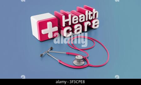 Healthcare text and stethoscope isolated on blue background. 3D illustration Stock Photo