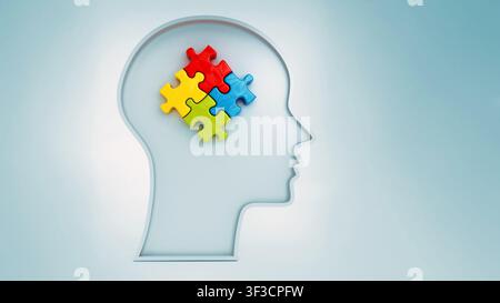 Four colored jigsaw puzzle pieces inside human head shape. 3D illustration Stock Photo