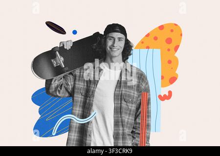 Smiling Young Male Skater Holding Skateboard, Urban Background, Skateboarding Concept Stock Photo