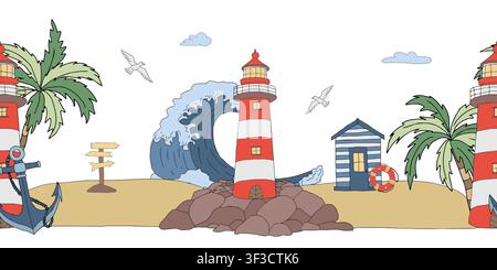 Seamless horizontal border lighthouse on pier, coastal house, ocean wave, marine life in vector. Sea repeat background with seagulls, palm, anchor Stock Vector